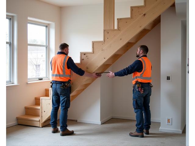 Professional installers carefully placing a prefabricated wooden stair section into position on-site